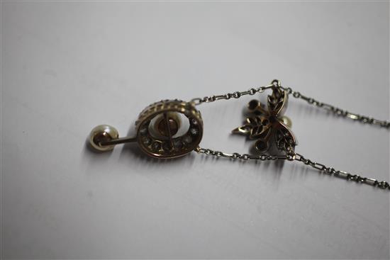 An Edwardian gold and silver, diamond and cultured? pearl drop necklace, pendant section 42mm.